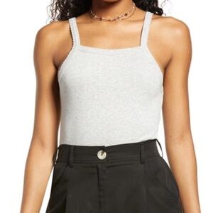 NWT BP. Picot Trim Cotton Blend Rib Thong Bodysuit Heather Gray L